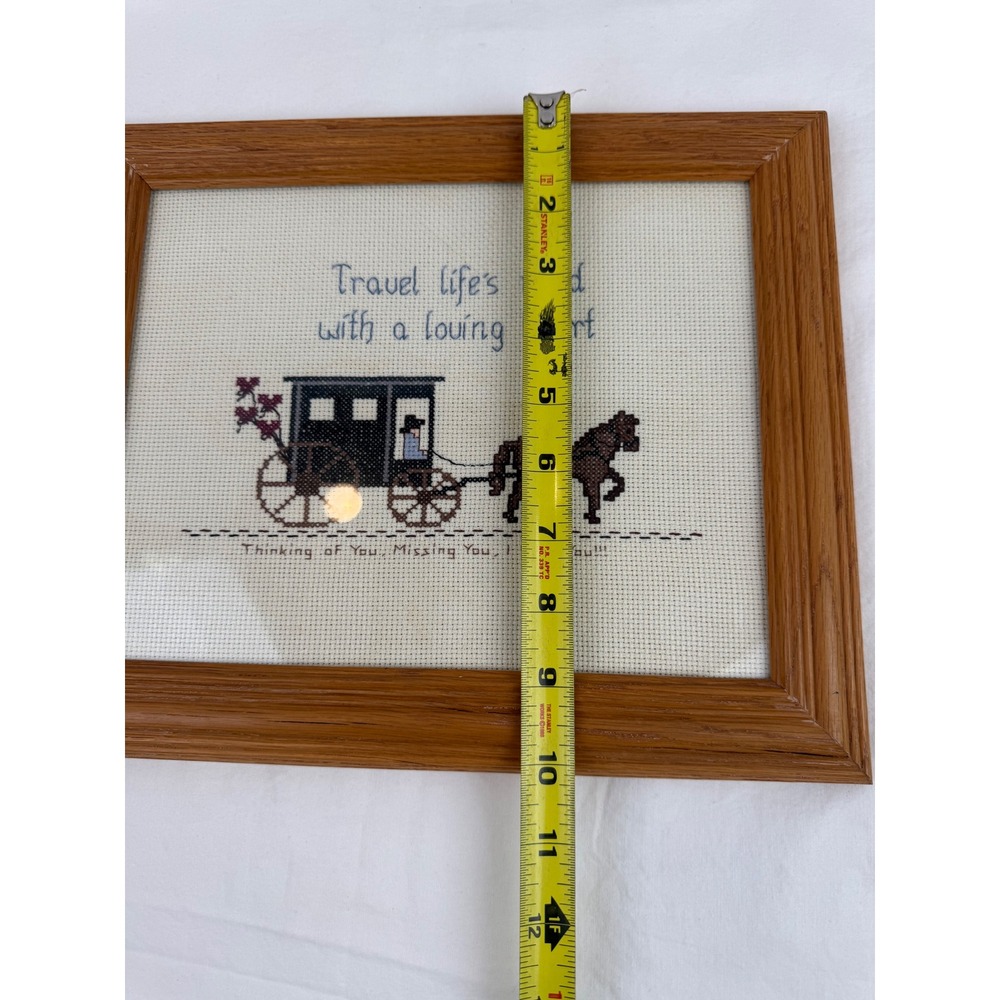 Vintage Granny Cottage Country Framed Cross Stitch Horse Carriage Wall Art Oak - Picture 8 of 8